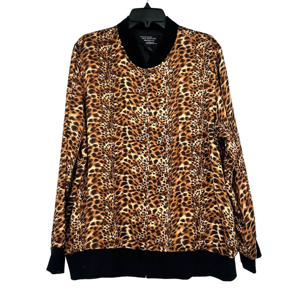 New York City Design Co Silk Satin Leopard Print Jacket Zip Up Brown Size 1X - Picture 1 of 9